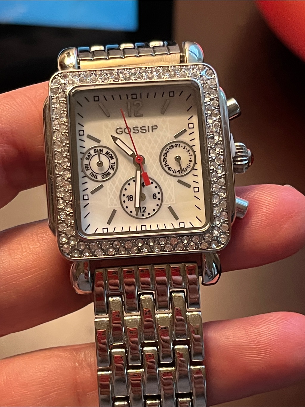 Gossip Silver CrystalTrim Square Dial Watch With Red Hands